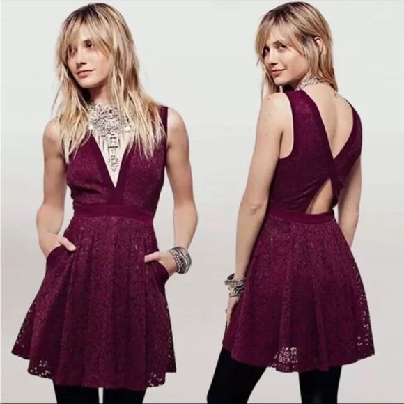 Free People Lovely In Lace Berry Fit & Flare Cut Out Back Dress - Picture 1 of 7